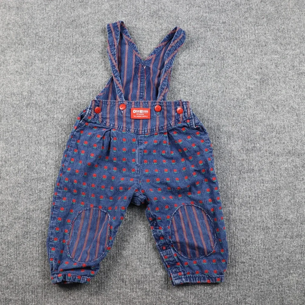 VINTAGE OshKosh B'gosh Overalls Girls 2T Blue Floral Stripe Made‎ USA 90s